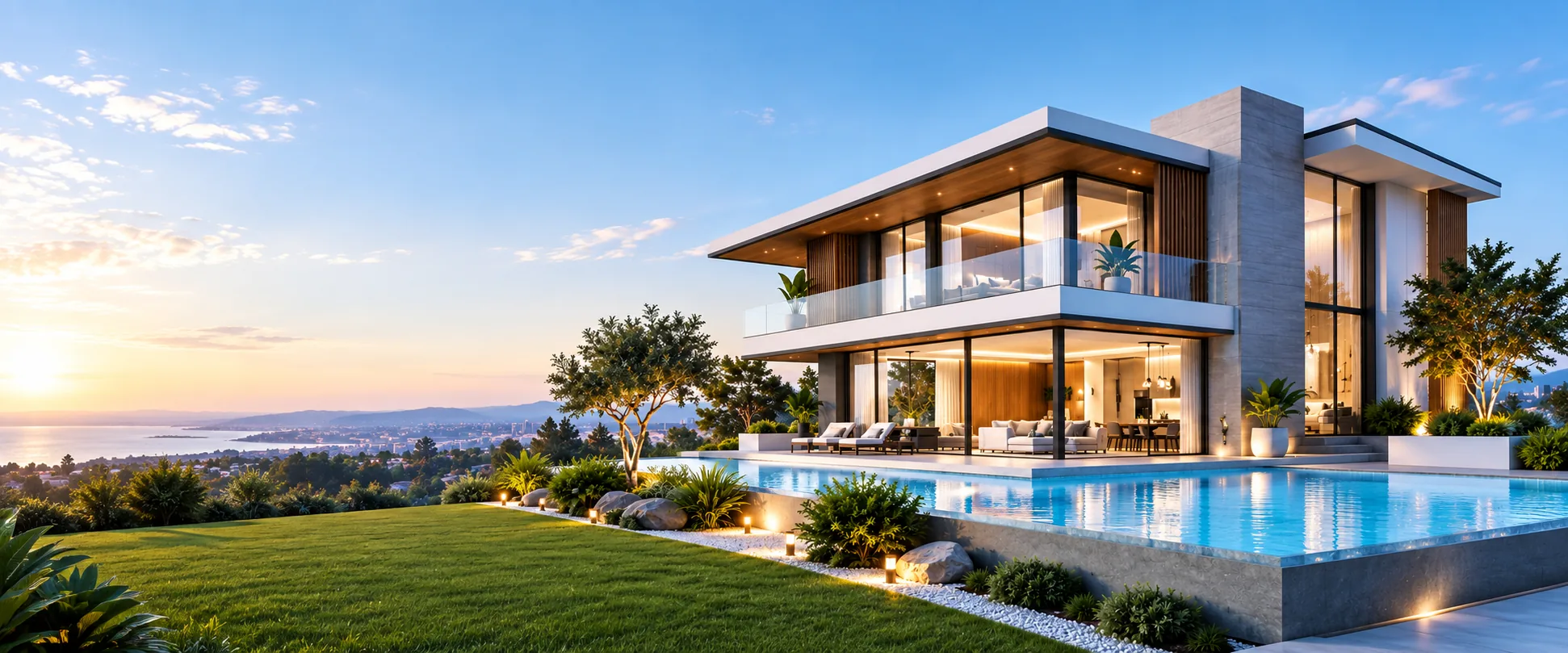 Luxury modern villa overlooking coastal city at sunset