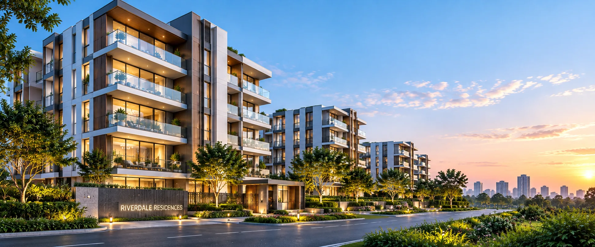 Riverdale Residences modern apartment complex at dusk